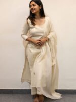 Off White Kurta with Gold Zari Butta and Stitch Lines