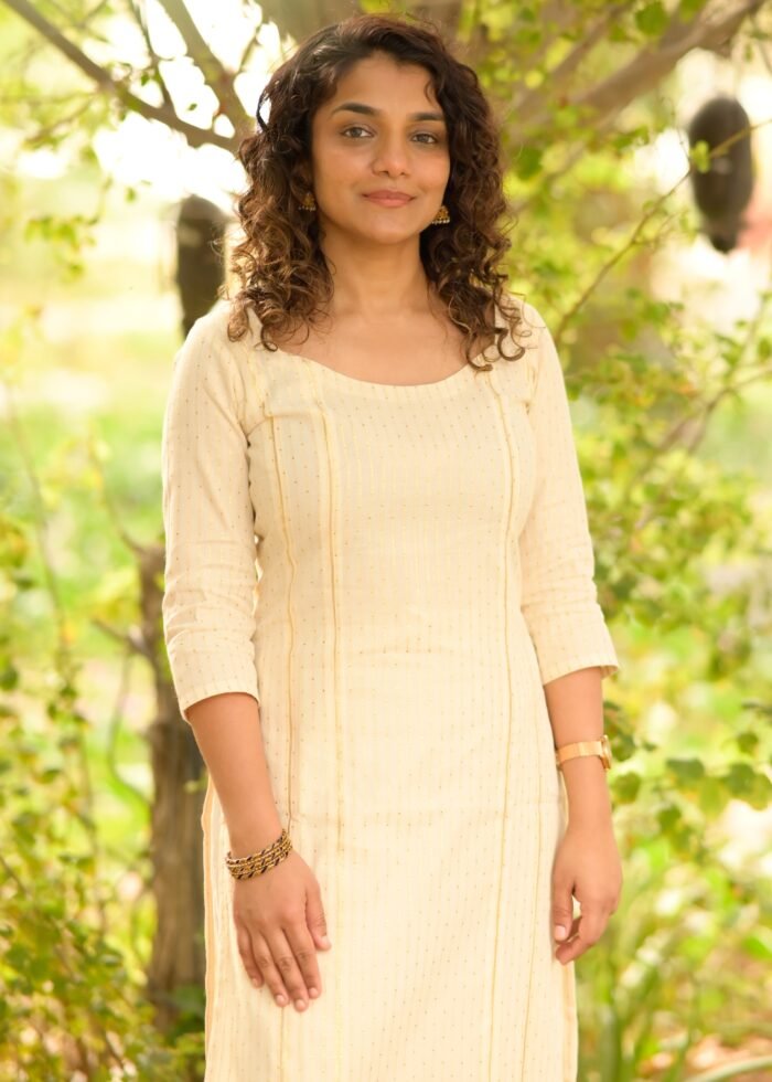 Off White Kurta with Gold Zari Butta and Stitch Lines - Image 6