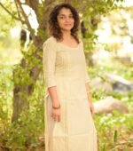 Off White Kurta with Gold Zari Butta and Stitch Lines - Image 3
