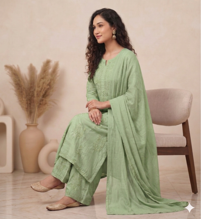 Handcrafted Chikankari Mul Chanderi Suit Set - Image 2
