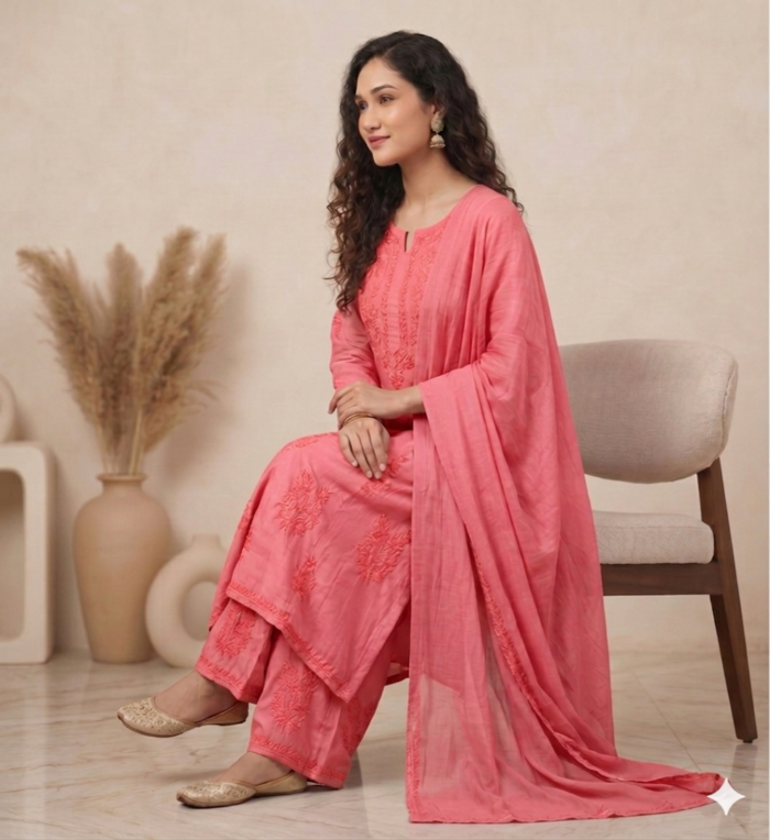 Handcrafted Chikankari Mul Chanderi Suit Set - Image 2