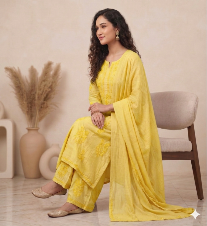Handcrafted Chikankari Mul Chanderi Suit Set - Image 3