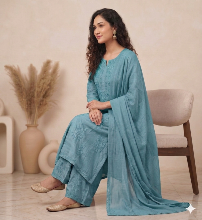 Handcrafted Chikankari Mul Chanderi Suit Set - Image 3