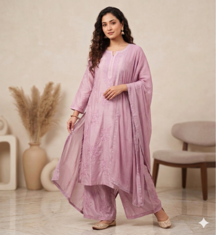 Handcrafted Chikankari Mul Chanderi Suit Set