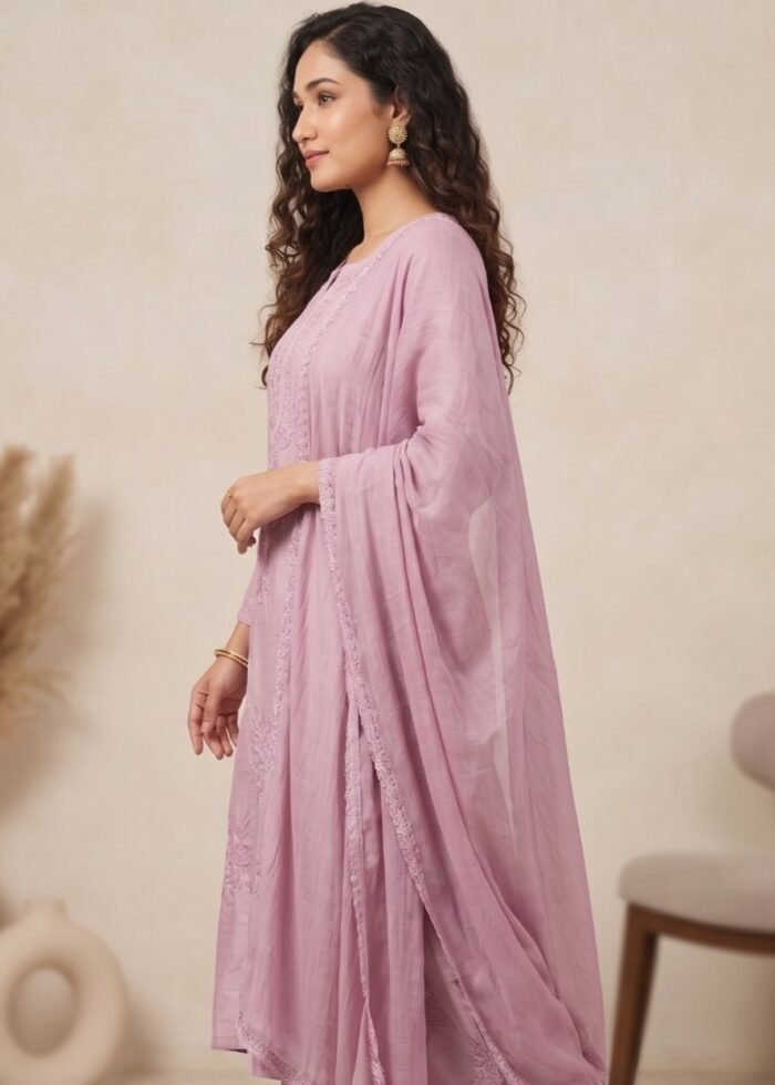 Handcrafted Chikankari Mul Chanderi Suit Set - Image 5
