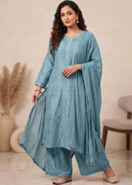 Handcrafted Chikankari Mul Chanderi Suit Set