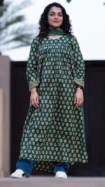 Emerald Bloom Cotton Kurta with Dupatta - Image 2