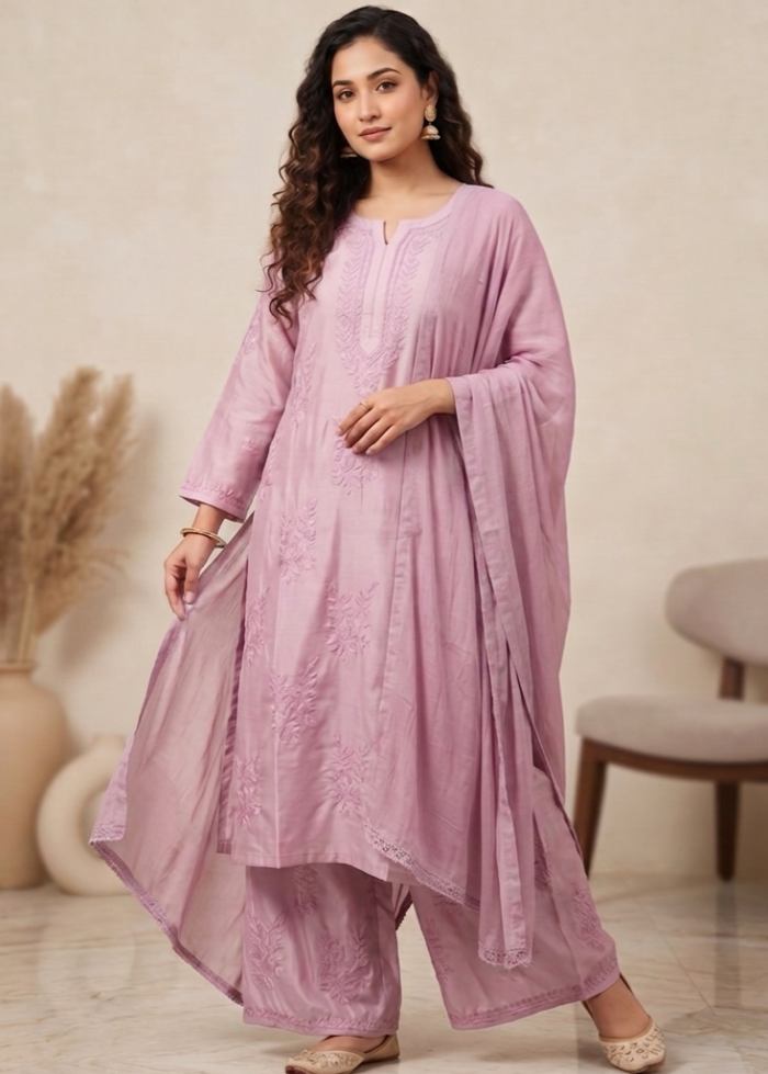 Handcrafted Chikankari Mul Chanderi Suit Set - Image 3