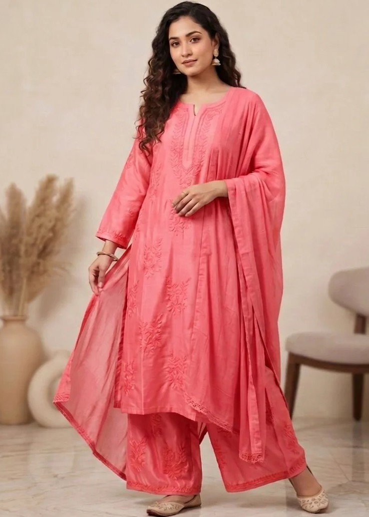 pink 1 Handcrafted Chikankari Mul Chanderi Suit Set - Image 1