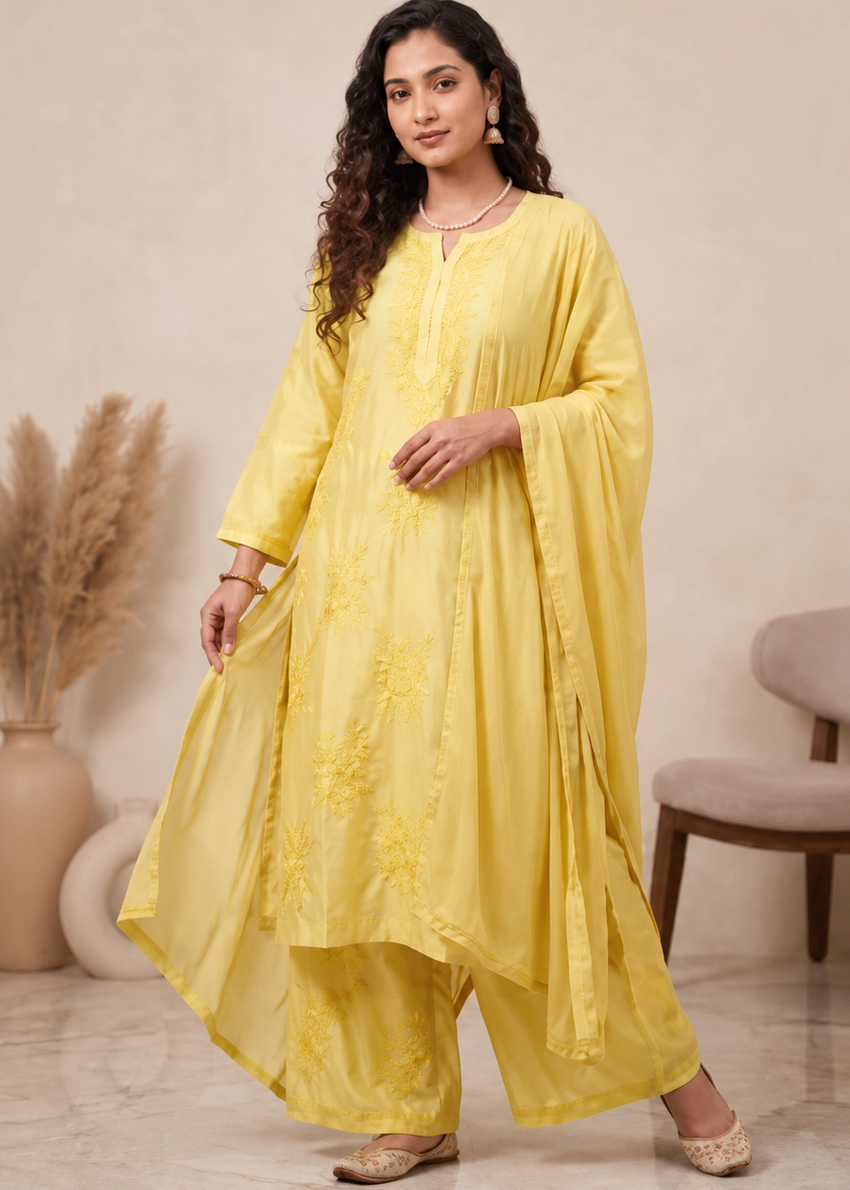 yellow 1 Handcrafted Chikankari Mul Chanderi Suit Set - Image 1