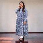 Blue & White Printed Jaipur Cotton A-Line Dress