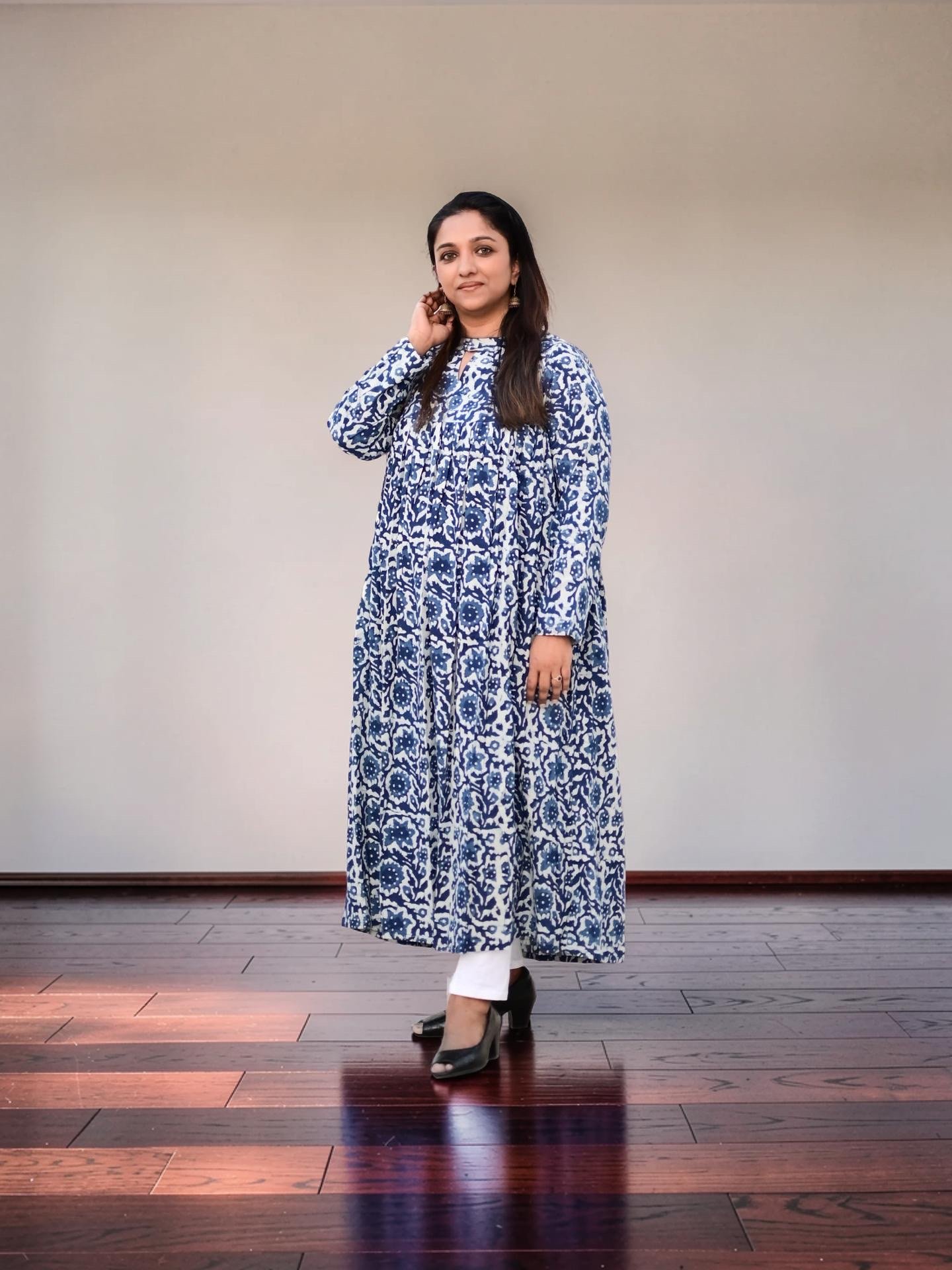 IMG_1635 Blue & White Printed Jaipur Cotton A-Line Dress - Image 1