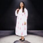White & Pink Leaf Print Jaipur Cotton Kurti Dress