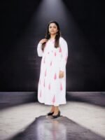 White & Pink Leaf Print Jaipur Cotton Kurti Dress