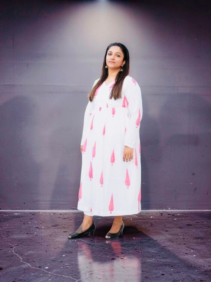 White & Pink Leaf Print Jaipur Cotton Kurti Dress - Image 2