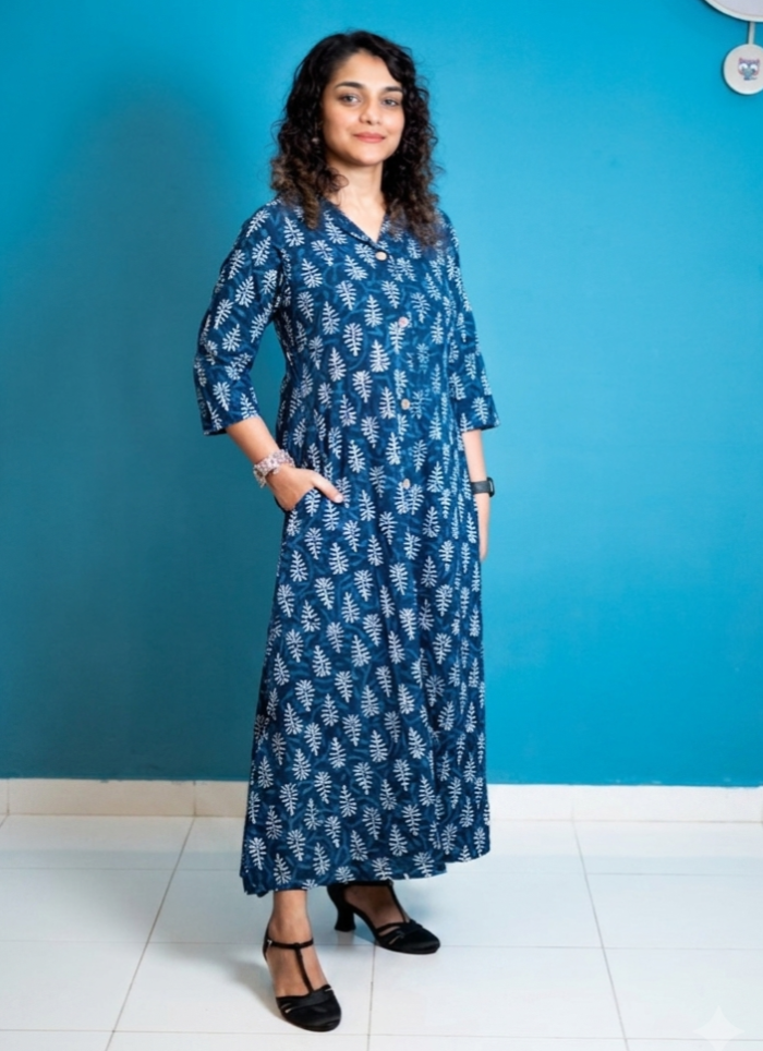 Jaipur Cotton Blue Leaf Printed Dress - Image 2