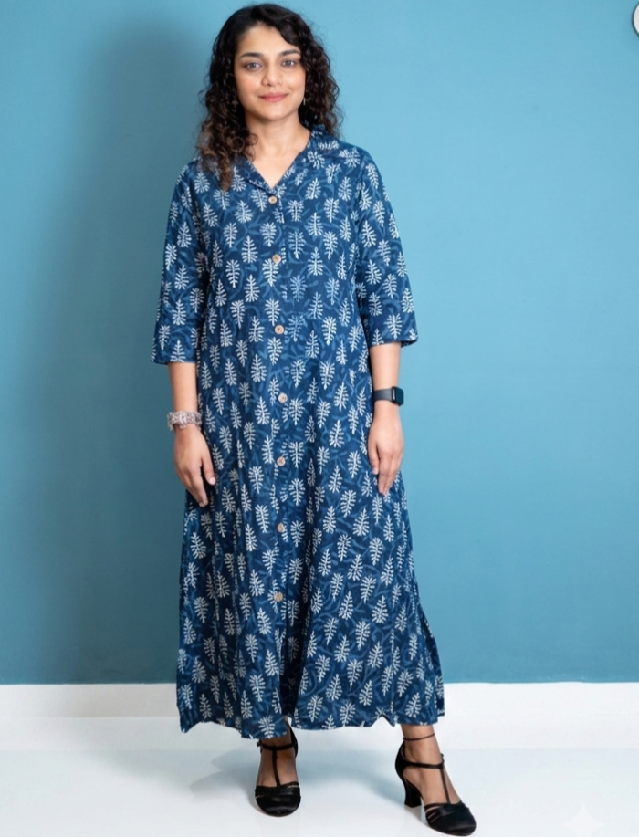 Jaipur Cotton Blue Leaf Printed Dress - Image 3