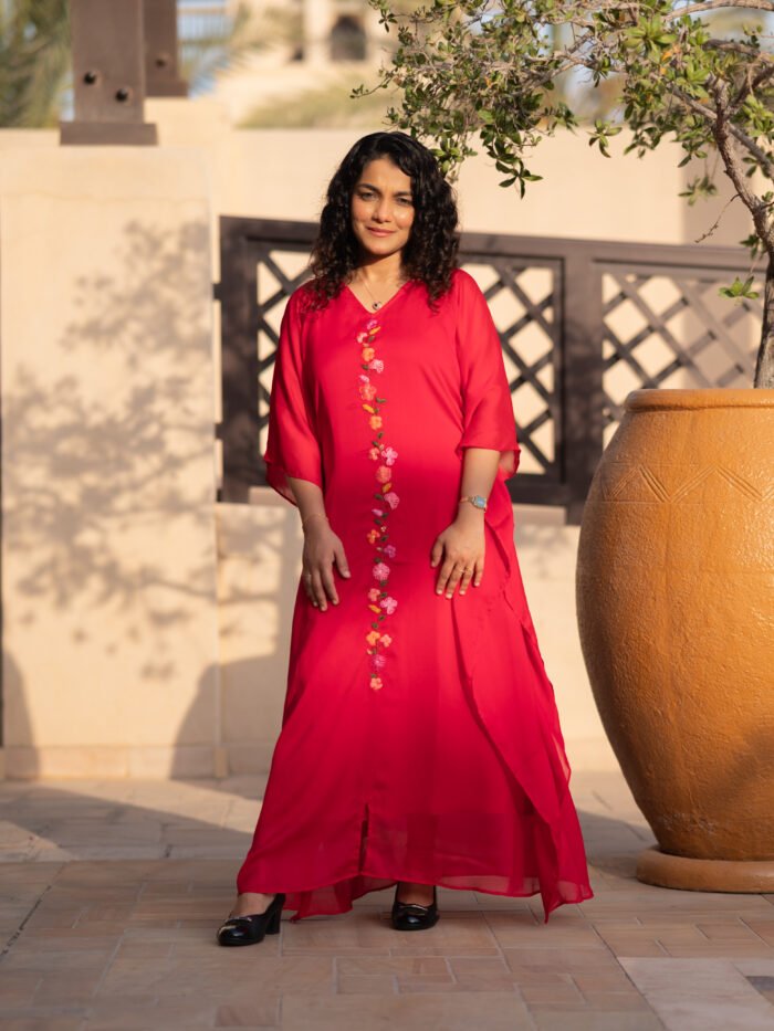 Ruby Bloom Hand-Embroidered Silky Georgette Dress with Slip - Image 2