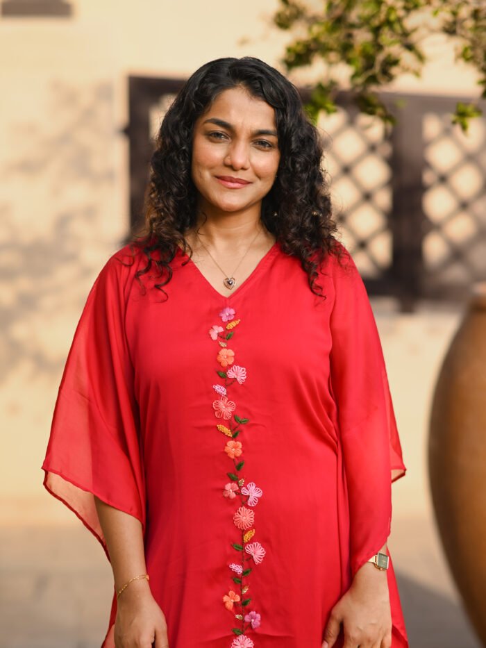 Ruby Bloom Hand-Embroidered Silky Georgette Dress with Slip - Image 3