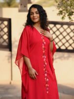 Ruby Bloom Hand-Embroidered Silky Georgette Dress with Slip