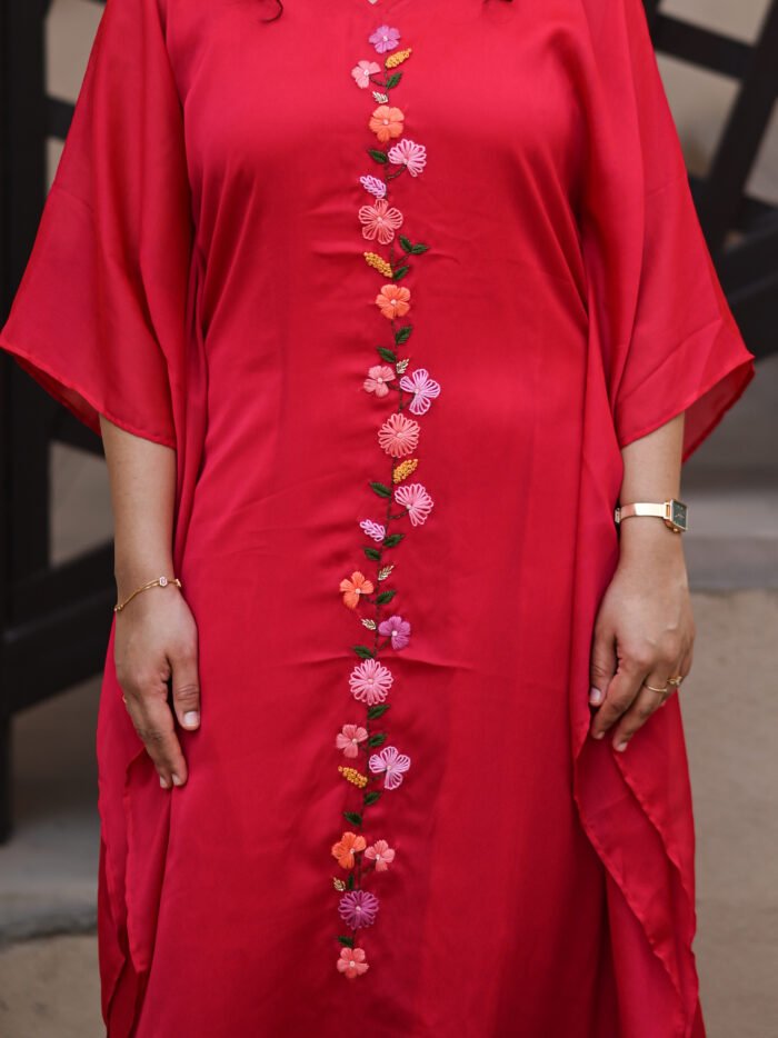 Ruby Bloom Hand-Embroidered Silky Georgette Dress with Slip - Image 5