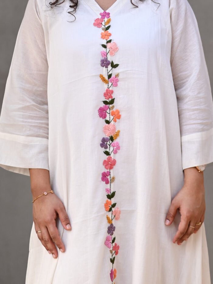 Off white Chanderi Hand-Embroidered Kaftan with Slip - Image 3