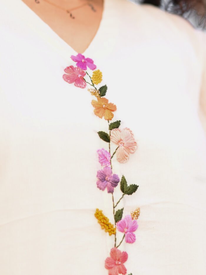 Off white Chanderi Hand-Embroidered Kaftan with Slip - Image 4