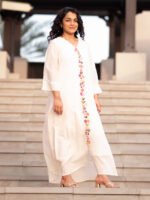 Off white Chanderi Hand-Embroidered Kaftan with Slip