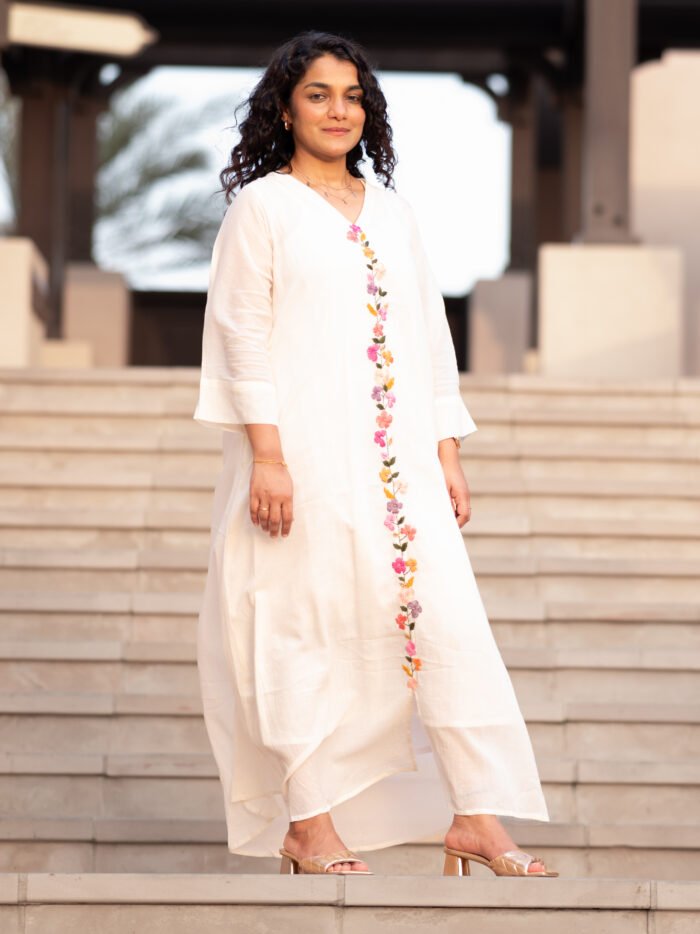 Off white Chanderi Hand-Embroidered Kaftan with Slip - Image 5