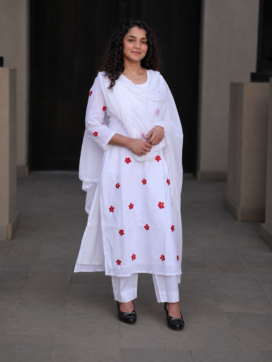 White 3 White Bloom Mul Cotton Suit Set - Hand-Embroidered - Image 1