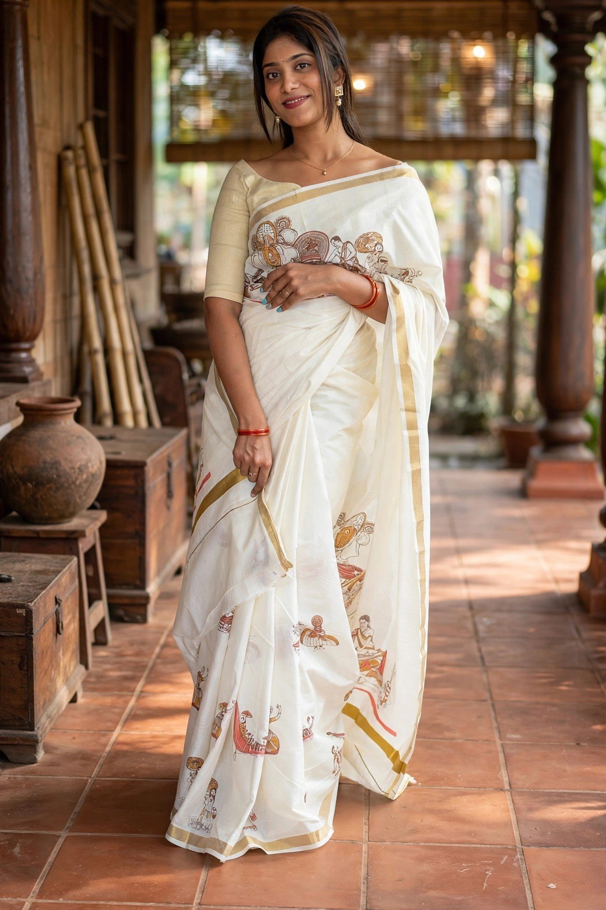 kerala_heritage_interior -5 Keraliyam Print Saree - 100 Count Soft Cotton - Image 1