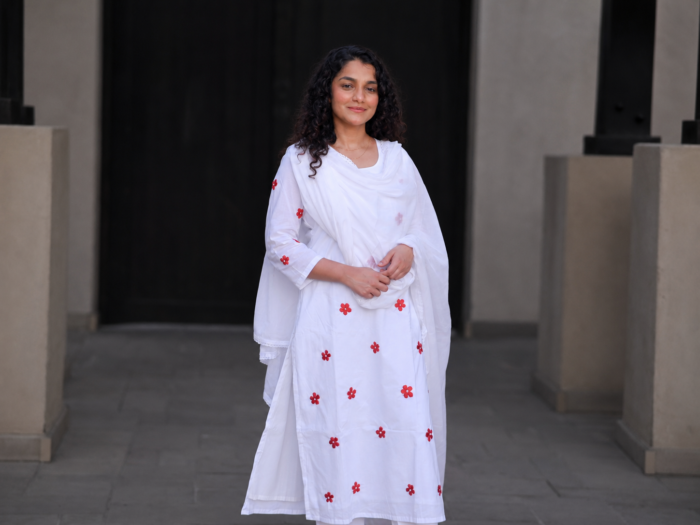 White Bloom Mul Cotton Suit Set - Hand-Embroidered - Image 2